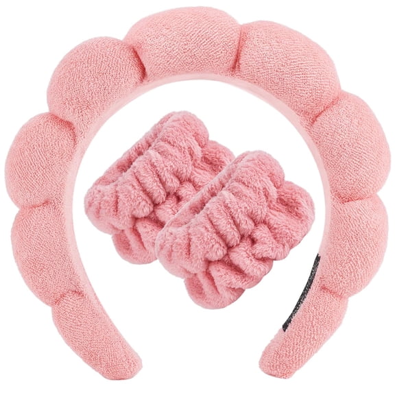 Spa Headband for Washing Face Wristband Sponge Makeup Skincare Headband Terry Cloth Bubble Soft Get Ready Hairband for Women Girl Puffy Padded Headwear Non Slip Thick Hair Accessory(Pink)