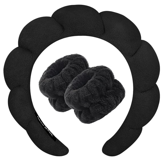 Spa Headband for Washing Face Wristband Sponge Makeup Skincare Terry Cloth Bubble Soft Get Ready Hairband Women Girl Puffy Padded Headwear Non Slip Thick Hair Accessory(Black)