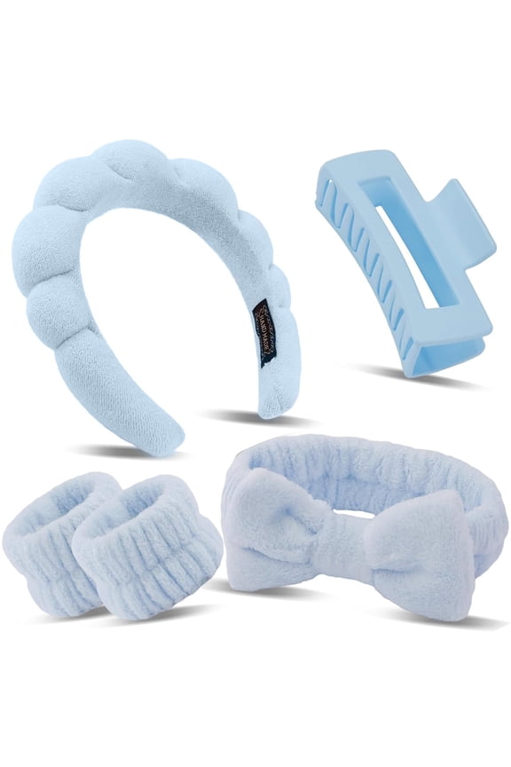 Spa Headband Wristband Set with Hair Clips – Puffy Makeup Headband for Women, Face Washing, Facial Mask, Shower Accessories, Gifts for Teen Girls