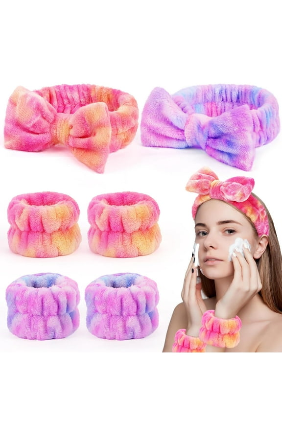 Spa Headbands for Women with Wristband Set: Facial Makeup Headbands for Girls & Teens - Soft Coral Fleece Elastic Hair Wraps with Wrist Accessories for Washing Face Shower Bath Beauty Skincare Gifts