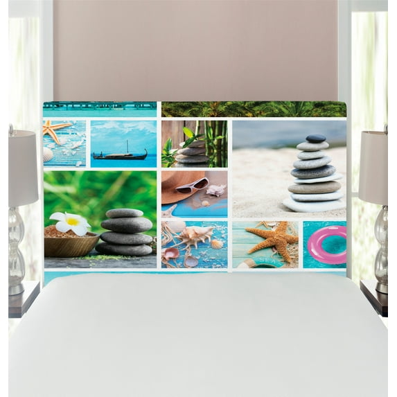 Spa Headboard, Collage of Spa Composition with Tropical Sandy Beach Ocean Rock Views Relax Rest Image, Upholstered Decorative Metal Bed Headboard with Memory Foam, Twin Size, Multicolor, by Ambesonne