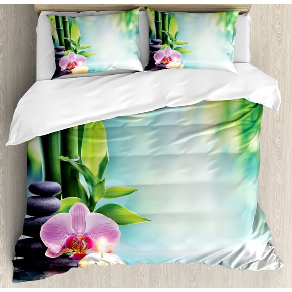 Spa King Size Duvet Cover Set, Symbolic Spa Features with Candle and Bamboos Tranquil and Thoughtful Life Nature Print, Decorative 3 Piece Bedding Set with 2 Pillow Shams, Multicolor, by Ambesonne