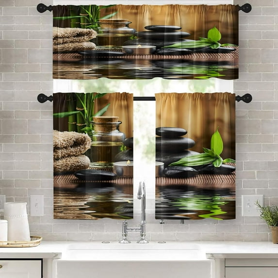 Spa Kitchen Curtains Rock Bamboo Wood Window Curtains Valance and Tier Set 36 Inch, Vintage Green Therapy Rod Pocket Short Tier Curtain, Summer Small Cafe Curtains for Kitchen Decor