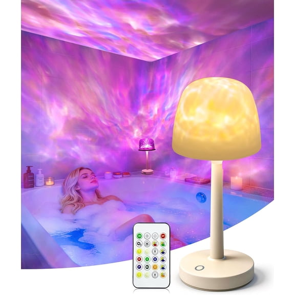 Spa-Like Bath Light, Waterproof Shower Lamp via Touch & Remote Control, Dimmable Cordless Projector Light with 16 Colors Dynamic Changeable, Rotating Water Ripple Light for Bathtub Relaxing