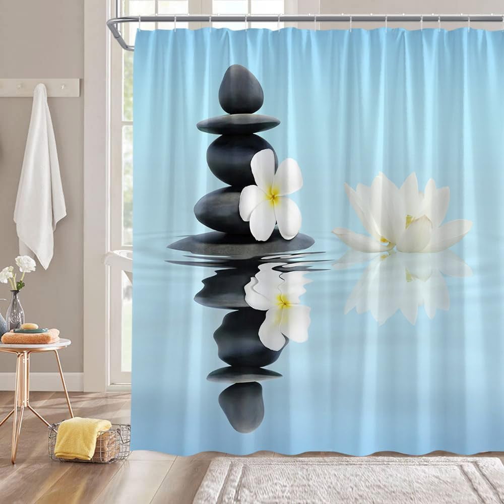 Spa Lotus Shower Curtain White Lotus Flower Black Tower Stones Water ...