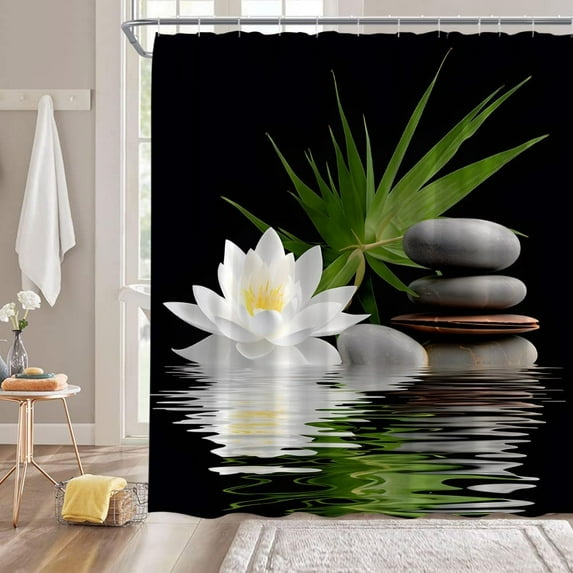 Spa Lotus Shower Curtain White Lotus Flower Black Stones Water Lily Floral Green Plam Leaves Japanese Style Relax Nature Bathroom Decor Fabric Bathroom Sets with Hooks