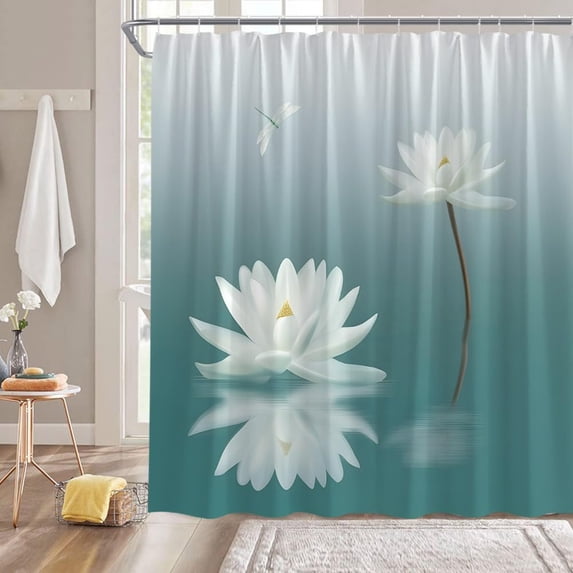 Spa Lotus Shower Curtain White Lotus Flower Dragonfly Teal Blue Water Lily Floral Japanese Style Relax Nature Bathroom Decor Fabric Bathroom Sets with Hooks
