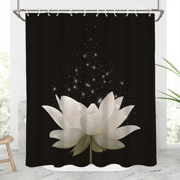 Spa Lotus Shower Curtains for Asian Zen Spa Washroom Decor Waterlily Floral Blossom Minimalist Black Bath Curtain for Bathroom Decor Art Print Waterproof Polyester Fabric with Hooks,72x84inch