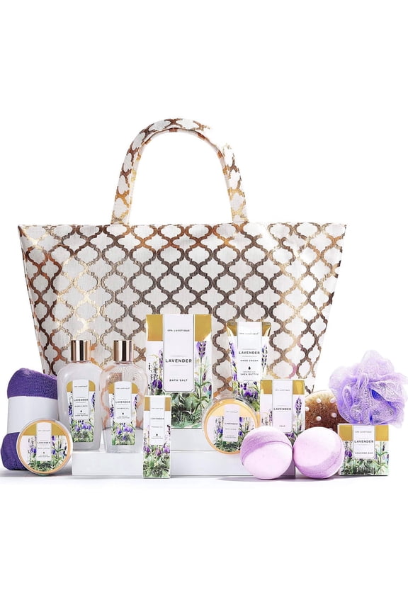 Bath Gift Sets for Women with Tote Bag, 15 Pcs Luxurious Lavender Spa Baskets for Her Self Care Relaxing Holiday Birthday Gifts for Mom