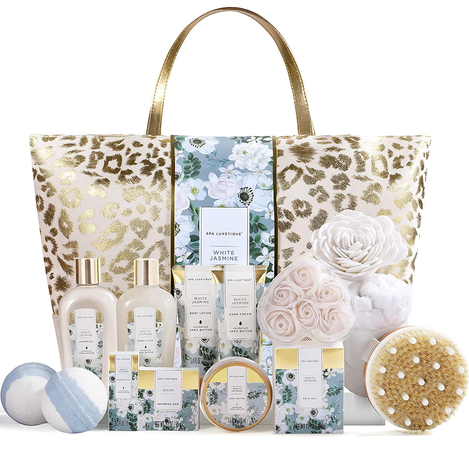 Spa Luxetique Gift Baskets for Women, 15 Pcs Jasmine Bath Gift Sets, Relaxing Birthday Holiday Mothers Day Gifts for Her