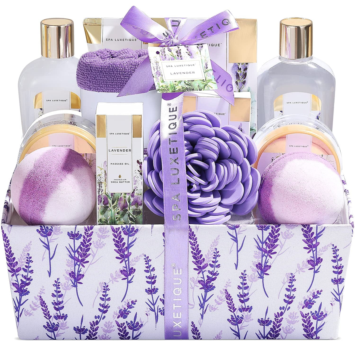 Spa Luxetique Gift Sets for Women - 12 Pcs Lavender Bath Baskets, Beauty Birthday Holiday Gifts for Her