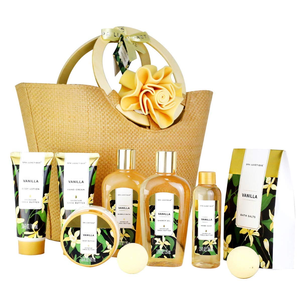 Spa Luxetique Gift Sets for Women - Vanilla Bath Basket Sets, 10 Pcs Holiday Birthday Gifts for Her with Tote Bag