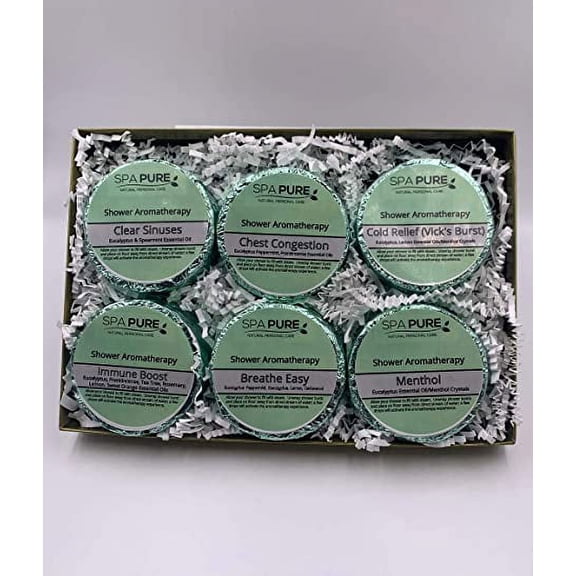 Spa Pure Luxury Aromatherapy Shower Tablet Gift Set, 6 Individually Wrapped, Green Foils