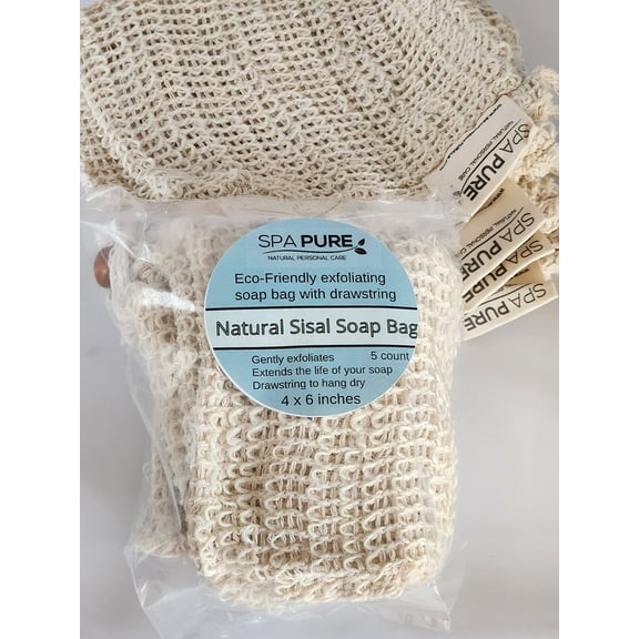 Spa Pure Natural Sisal Exfoliating Soap Bag: Drawstring Bag for Soap Bars, Gently Exfoliates, Extends The Life of Your Soap Bars, Handmade Soap Storage Bag, (5 Count) Pack of 1) (4 x 6)