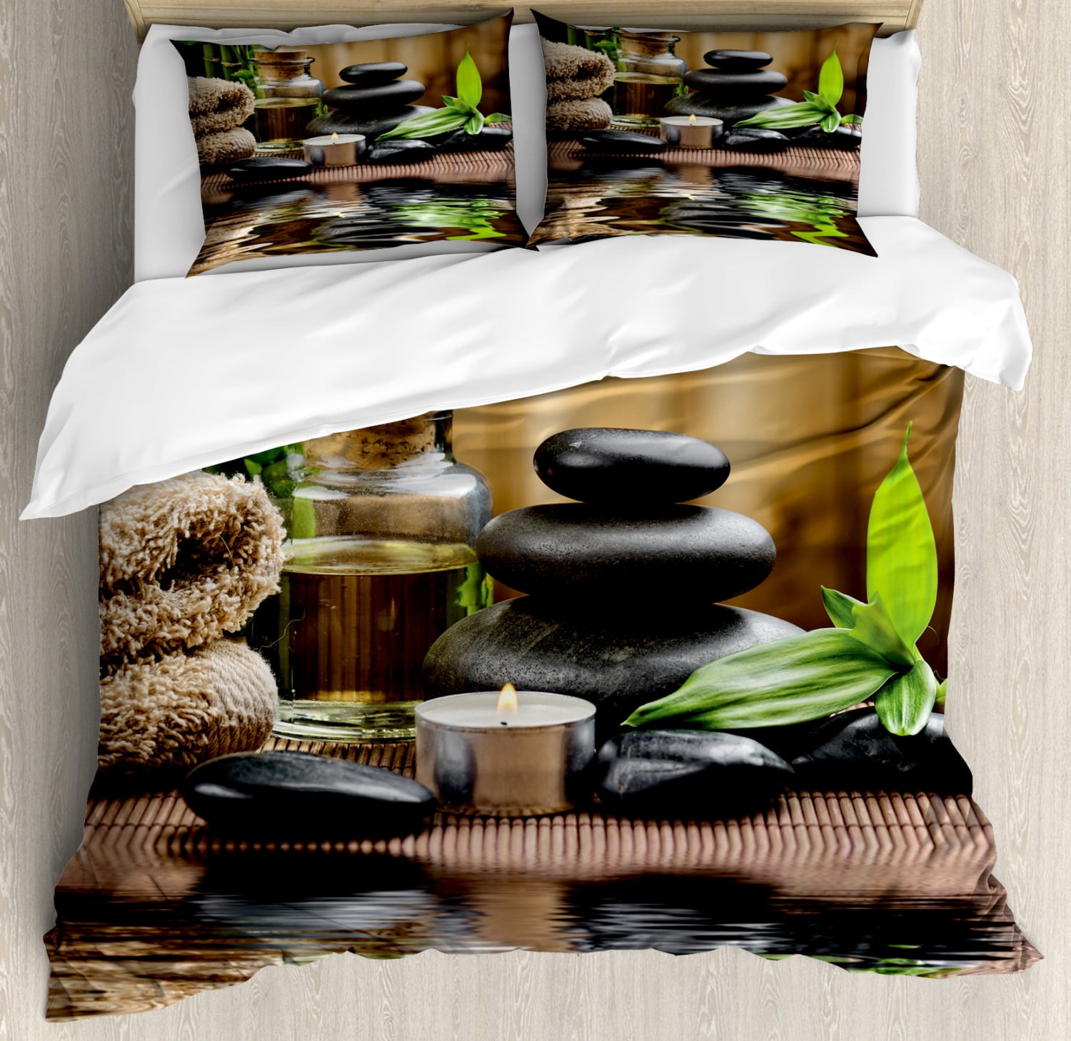Spa Queen Size Duvet Cover Set, Asian Zen Massage Stone Triplets with