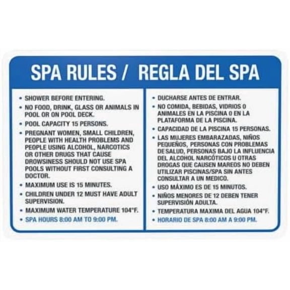 Spa Rules Sign, Bilingual English Spanish Warning Sign, Pool Metal Signs for Home Business Outdoor Indoor Road Yard Garage Street Wall Caution Custom Decor 12 x 8 Inch