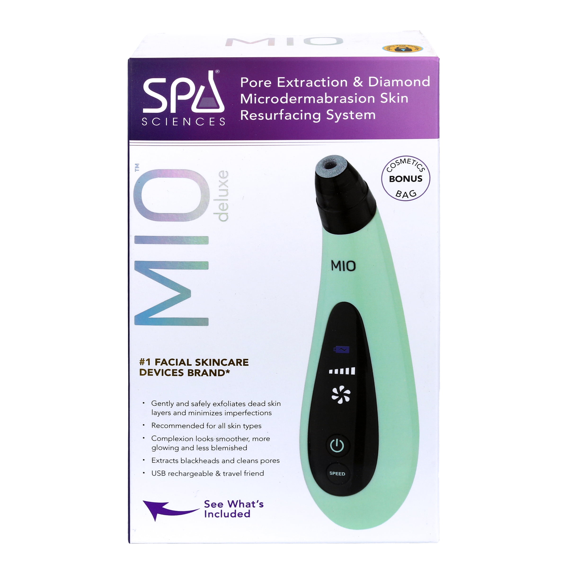 Spa Sciences MIO: Deluxe Diamond Tip Microdermabrasion Rechargeable Device, Advanced Exfoliator & Pore Extractor