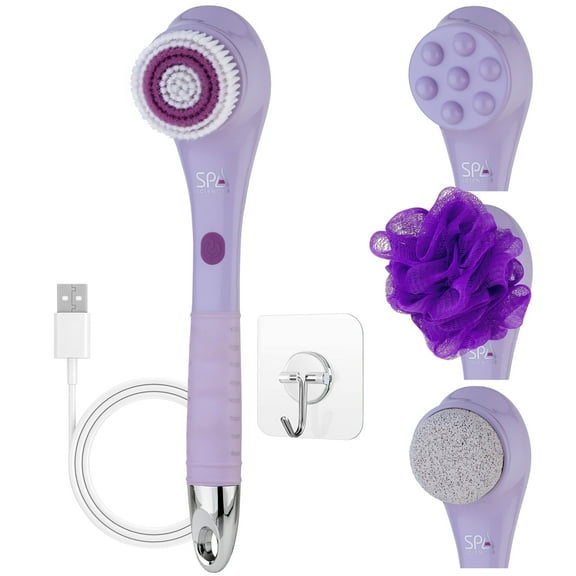 Spa Sciences NERA 4 in 1 Body Brush for Exfoliation, Deep Cleansing, Foot Care, Lotion Infuser, and Massage, Rechargable, Lavender
