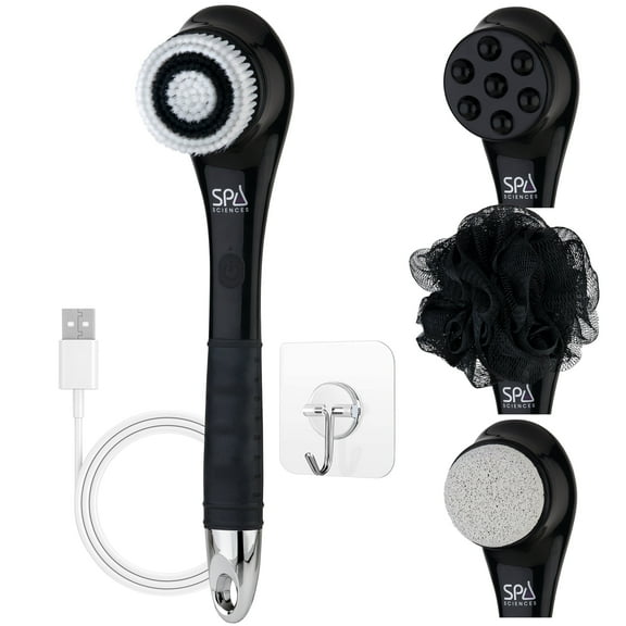 Spa Sciences NERA 4 in 1 Body Brush for Exfoliation, Deep Cleansing, Foot Care, Lotion Infuser, and Massage, Rechargable, Black
