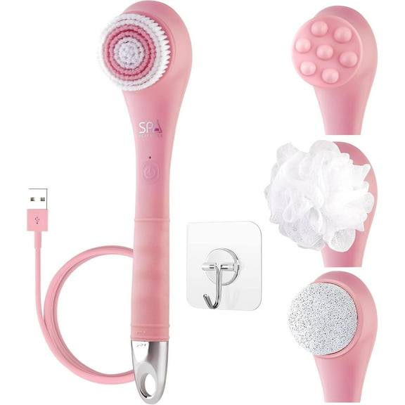 Spa Sciences NERA 4 in 1 Body Brush for Exfoliation, Deep Cleansing, Foot Care, Lotion Infuser, and Massage, Rechargable, Pink