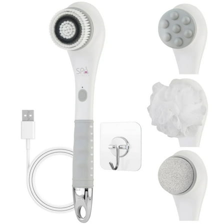 Spa Sciences NERA 4-in-1 Balancing Bath Brush, Cleansing Brush, Loofah, Massage Head & Pumice Stone, Rechargeable, White
