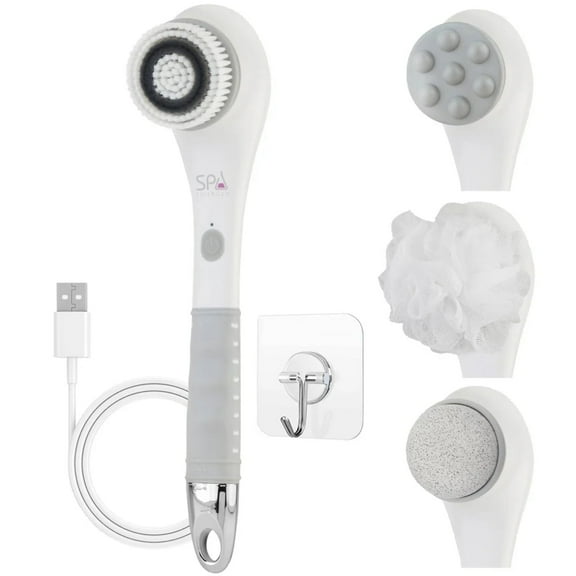 Spa Sciences NERA 4-in-1 Balancing Bath Brush, Cleansing Brush, Loofah, Massage Head & Pumice Stone, Rechargeable, White