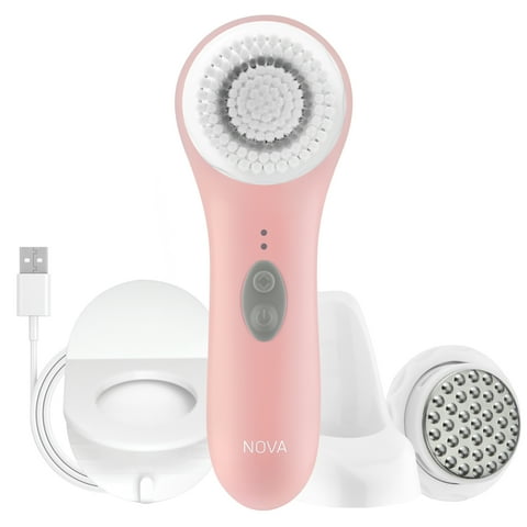 Facial Cleansing and Exfoliating Device with Antimicrobial Brush Bristles & Serum Infuser, Pink