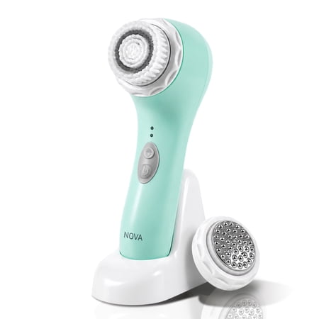 Spa Sciences NOVA Facial Cleansing Brush, Sonic Facial Cleansing for Exfoliation, Includes Antimicrobial Brush, Sensitive Skin Brush, and Serum Infuser, Mint