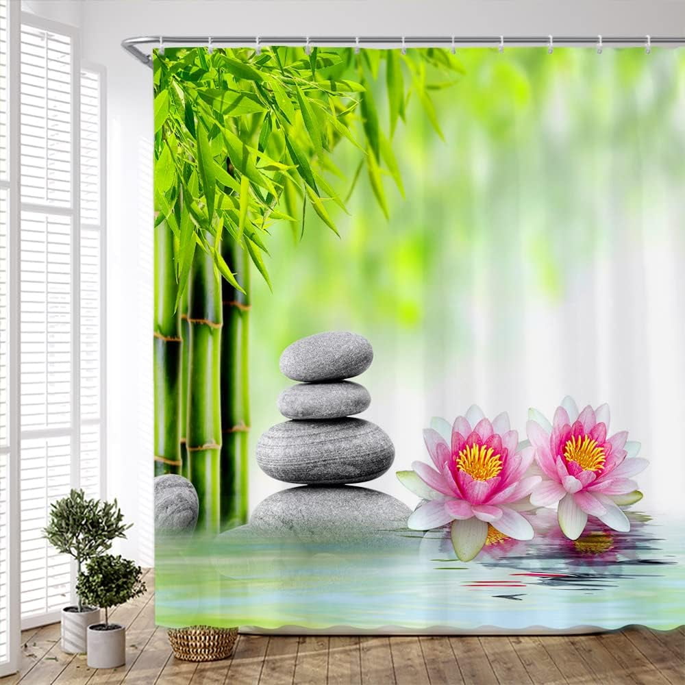 Spa Shower Curtain Green Bamboo Zen Stone Flower Japanese Art ...