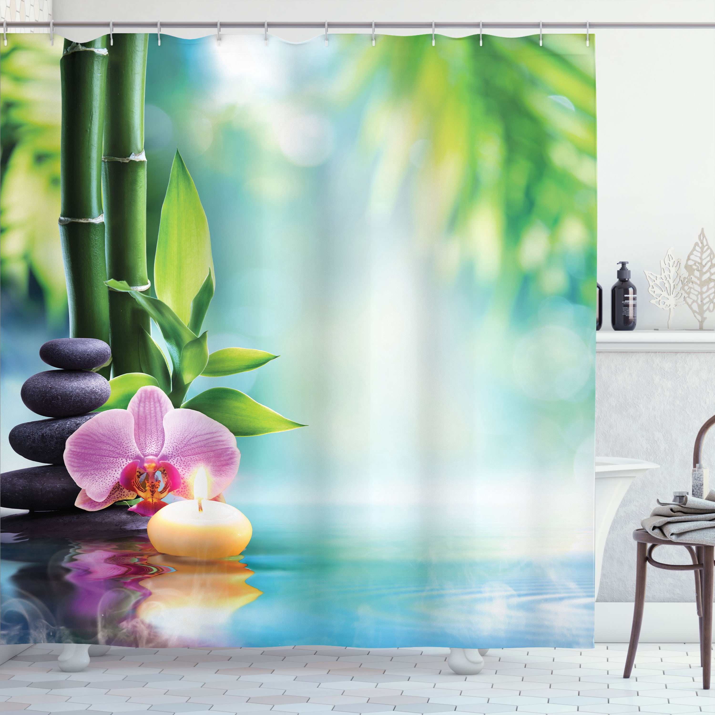 Spa Shower Curtain, Symbolic Features Candle and Bamboos Tranquil and ...