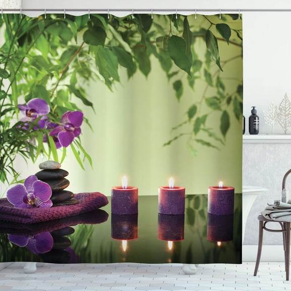 Spa Shower Curtain, Zen Stones Aromatic Candles and Orchids Blooms Treatment Vacation, Fabric Bathroom Set with Hooks, 69W X 84L Inches Extra Long, Fern Green Purple Pale green, by Ambesonne