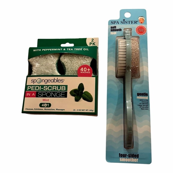 Spa Sister Foot Care Kit with Pedi Scrub Sponge 2 Pack Mint and Foot Smoother Brush, Exfoliating Callus Remover Set