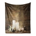 thumbnail image 1 of Spa Soft Flannel Fleece Blanket, Composition of Pure Candles Wooden Background with Stones and Flower Petals Print, Cozy Plush for Indoor and Outdoor Use, 70" x 90", Brown and White, by Ambesonne, 1 of 6