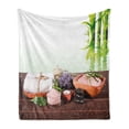 thumbnail image 1 of Spa Soft Flannel Fleece Throw Blanket, Bamboo Background with Towel Flowers Candled and Hot Massage Stones, Cozy Plush for Indoor and Outdoor Use, 70" x 90", Green White and Brown, by Ambesonne, 1 of 5