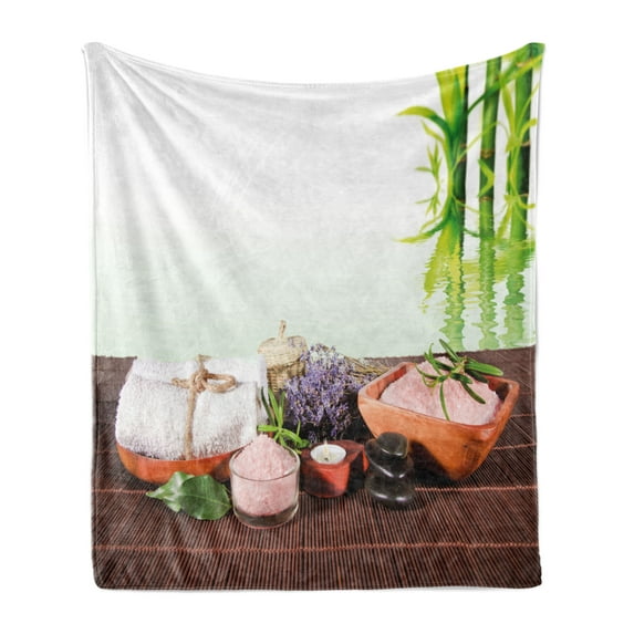 Spa Soft Flannel Fleece Throw Blanket, Bamboo Background with Towel Flowers Candled and Hot Massage Stones, Cozy Plush for Indoor and Outdoor Use, 70" x 90", Green White and Brown, by Ambesonne