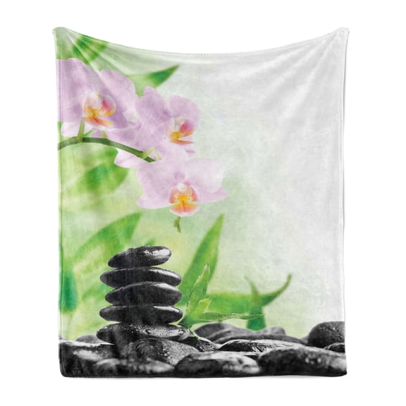 Spa Soft Flannel Fleece Throw Blanket, Basalt Stones and Orchid with Dew Peaceful Nature Theraphy Massage, Cozy Plush for Indoor and Outdoor Use, 60" x 80", Black Pink Green, by Ambesonne