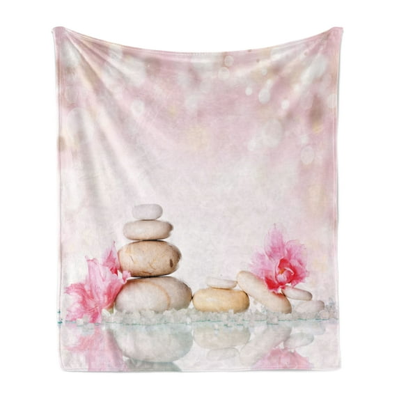 Spa Soft Flannel Fleece Throw Blanket, Bohemian Stones and Soft Petals Therapy Tradition Yoga Picture, Cozy Plush for Indoor and Outdoor Use, 70" x 90", Pale Pink Peach, by Ambesonne