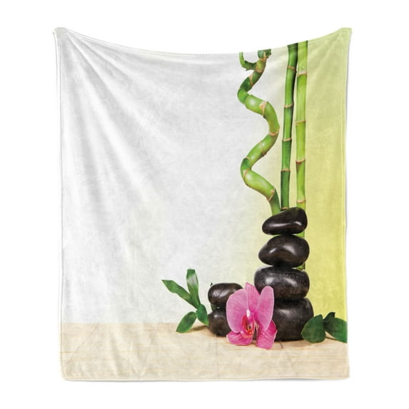 Spa Soft Flannel Fleece Throw Blanket, Calm Life Theme Relax Bamboo Sprouts and Rocks Meditative Concept, Cozy Plush for Indoor and Outdoor Use, 50" x 60", Multicolor, by Ambesonne