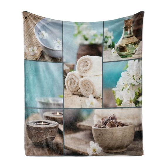 Spa Soft Flannel Fleece Throw Blanket, Far East Close to Your Heart Massage Theme Collage Oils Candles Flowers Print, Cozy Plush for Indoor and Outdoor Use, 60" x 80", Blue and White, by Ambesonne