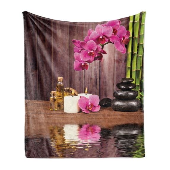Spa Soft Flannel Fleece Throw Blanket, Spa Flower and Water Reflection Aromatherapy Bamboo Blossom Candlelight Print, Cozy Plush for Indoor and Outdoor Use, 70" x 90", Pink Green Umber, by Ambesonne