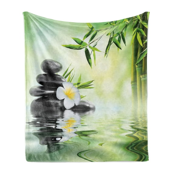 Spa Soft Flannel Fleece Throw Blanket, Garden Frangipani Bamboo Japanese Relaxation Resting Travel, Cozy Plush for Indoor and Outdoor Use, 70" x 90", Charcoal Grey Pale Green, by Ambesonne
