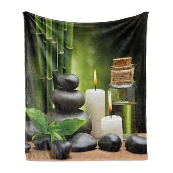 Spa Soft Flannel Fleece Throw Blanket, Hot Massage Rocks Combined Candles and Scents Landscape of Bamboo Print, Cozy Plush for Indoor and Outdoor Use, 50" x 60", Green White and Black, by Ambesonne