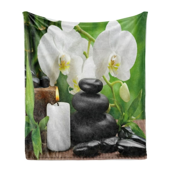 Spa Soft Flannel Fleece Throw Blanket, Hot Massage Stones with Orchid Candles and Magnificent Nature Remedies, Cozy Plush for Indoor and Outdoor Use, 50" x 70", Black White and Green, by Ambesonne