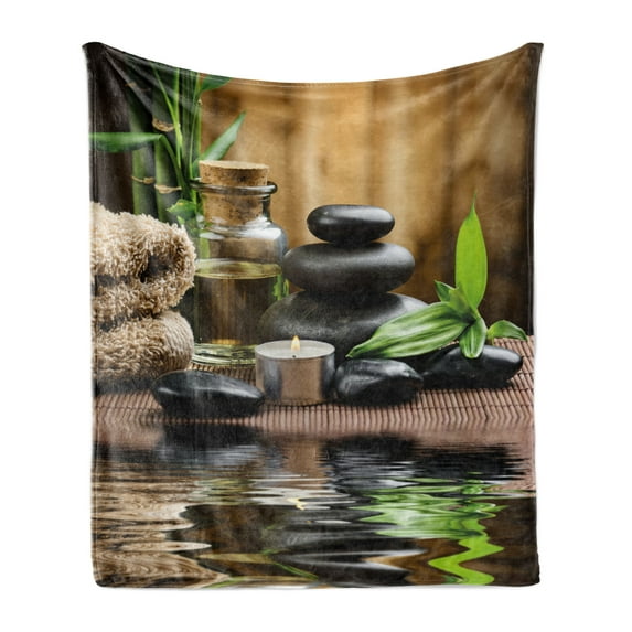 Spa Soft Flannel Fleece Throw Blanket, Massage Stone Triplets Herbal Oil and Scent Candles Print, Cozy Plush for Indoor and Outdoor Use, 50" x 70", Black Brown and White, by Ambesonne
