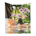 thumbnail image 1 of Spa Soft Flannel Fleece Throw Blanket, Massage Theme Candles Orchids and Stones in Garden Japanese Oriental, Cozy Plush for Indoor and Outdoor Use, 70" x 90", Pale Green Fuchsia, by Ambesonne, 1 of 5