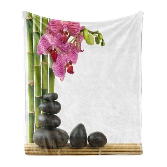 Spa Soft Flannel Fleece Throw Blanket, Orchid Bamboos and Black Hot Stone Massage Image Print, Cozy Plush for Indoor and Outdoor Use, 50" x 60", Pink Green and Black, by Ambesonne