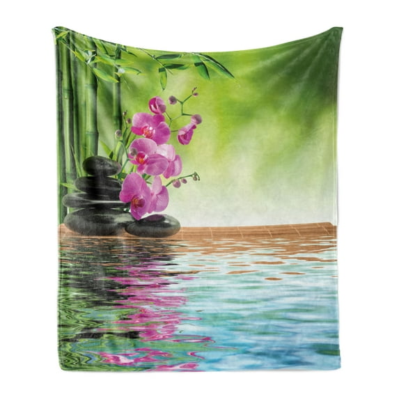 Spa Soft Flannel Fleece Throw Blanket, Orchid Flowers Pebble Stones and Bamboo on Water Image, Cozy Plush for Indoor and Outdoor Use, 50" x 60", Fern Green Fuchsia, by Ambesonne