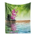 thumbnail image 1 of Spa Soft Flannel Fleece Throw Blanket, Orchid Flowers Pebble Stones and Bamboo on Water Image, Cozy Plush for Indoor and Outdoor Use, 50" x 70", Fern Green Fuchsia, by Ambesonne, 1 of 5