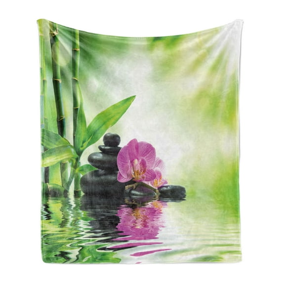 Spa Soft Flannel Fleece Throw Blanket, Orchid Flowers and Rocks in the Mineral Spring Water with Sunshine Image, Cozy Plush for Indoor and Outdoor Use, 50" x 70", Green Pink, by Ambesonne