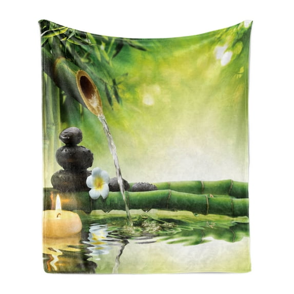 Spa Soft Flannel Fleece Throw Blanket, and Picture of Bamboo Stalks Candle and Basalt Stones Theraphy Relaxing, Cozy Plush for Indoor and Outdoor Use, 50" x 70", Multicolor, by Ambesonne
